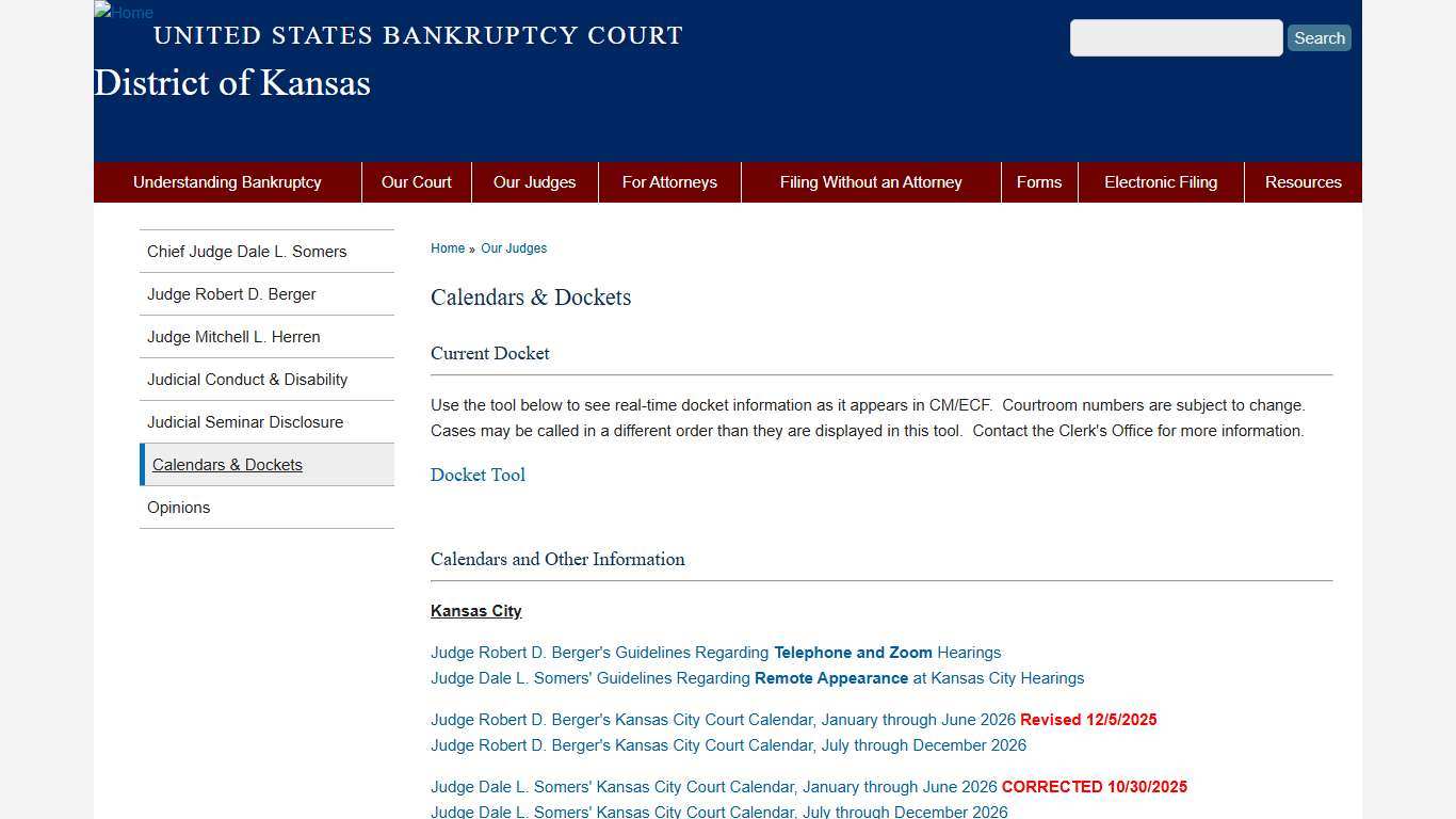 Calendars & Dockets District of Kansas United States Bankruptcy Court